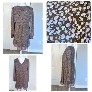 Paper Crane Ditsy Floral NWT Brown Pink/Lavender Floral Lined Dress Sz Small